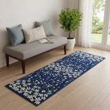 7' Ivory And Blue Floral Vines Runner Rug