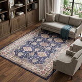 8' X 10' Ivory and Blue Floral Medallion Distressed Non Skid Area Rug