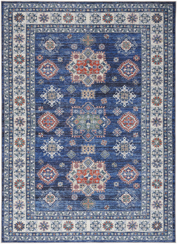 8' X 10' Ivory and Blue Floral Medallion Distressed Non Skid Area Rug