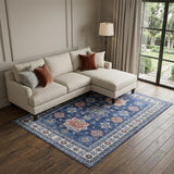 8' X 10' Ivory and Blue Floral Medallion Distressed Non Skid Area Rug
