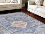 8' X 10' Ivory Red and Blue Floral Distressed Non Skid Area Rug