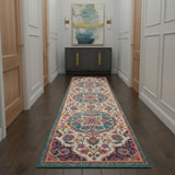 10' Navy Blue Ivory And Yellow Floral Medallion Runner Rug