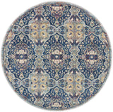 4' Blue and Yellow Floral Distressed Non Skid Round Rug