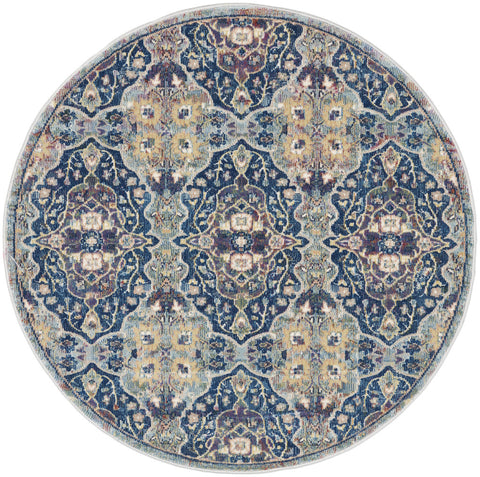 4' Blue and Yellow Floral Distressed Non Skid Round Rug
