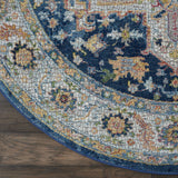 4' Ivory Blue and Yellow Floral Medallion Distressed Non Skid Round Rug