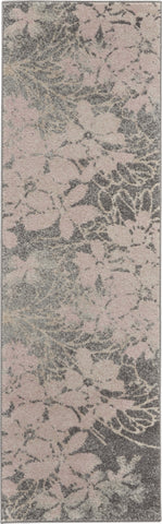 7' Gray And Pink Floral Runner Rug