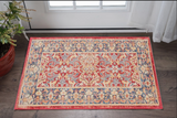 2' X 4' Blue and Red Floral Distressed Non Skid Area Rug