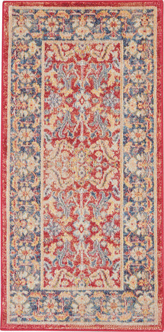 2' X 4' Blue and Red Floral Distressed Non Skid Area Rug