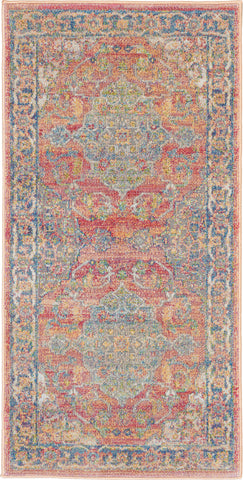 2' X 4' Blue and Red Floral Distressed Non Skid Area Rug