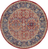 4' Blue and Red Floral Distressed Non Skid Round Rug
