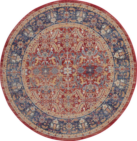 4' Blue and Red Floral Distressed Non Skid Round Rug