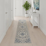 10' Gray Beige And Blue Floral Medallion Runner Rug