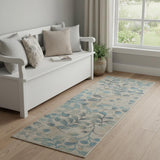 7' Ivory And Turquoise Botanical Leaves Runner Rug