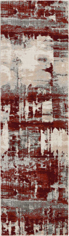 8' Ivory Red and Gray Abstract Non Skid Runner Rug