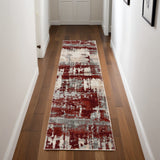 8' Ivory Red and Gray Abstract Non Skid Runner Rug