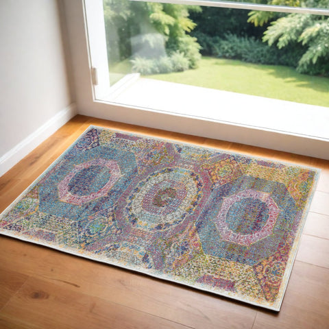 2' X 4' Blue Red and Orange Geometric Distressed Non Skid Area Rug