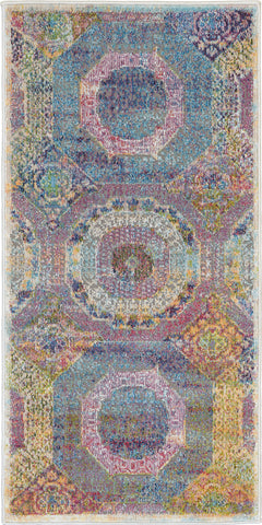 2' X 4' Blue Red and Orange Geometric Distressed Non Skid Area Rug