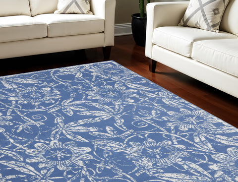 7' X 10' Ivory and Blue Floral Distressed Non Skid Area Rug
