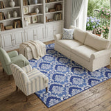 7' X 10' Ivory and Blue Damask Distressed Non Skid Area Rug