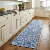 8' Ivory and Blue Floral Distressed Non Skid Runner Rug