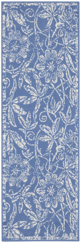 8' Ivory and Blue Floral Distressed Non Skid Runner Rug