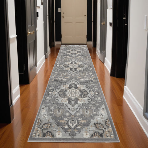 12' Gray and Ivory Floral Non Skid Runner Rug