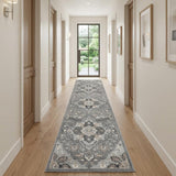 12' Gray and Ivory Floral Non Skid Runner Rug
