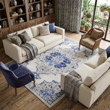 7' X 10' Ivory and Blue Floral Medallion Distressed Non Skid Area Rug