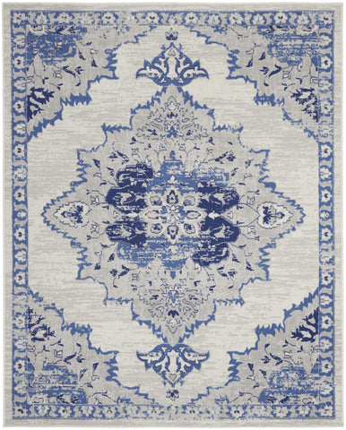 7' X 10' Ivory and Blue Floral Medallion Distressed Non Skid Area Rug