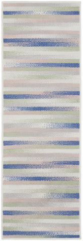 8' Ivory Tan and Blue Abstract Distressed Non Skid Runner Rug