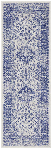 8' Ivory and Navy Blue Geometric Distressed Non Skid Runner Rug
