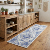 8' Ivory and Blue Floral Medallion Distressed Non Skid Runner Rug