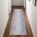 8' Ivory and Blue Geometric Distressed Non Skid Runner Rug