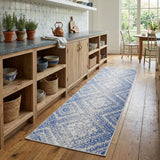 8' Ivory and Blue Geometric Distressed Non Skid Runner Rug