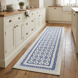 8' Ivory and Blue Geometric Distressed Non Skid Runner Rug