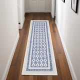 8' Ivory and Blue Geometric Distressed Non Skid Runner Rug