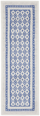 8' Ivory and Blue Geometric Distressed Non Skid Runner Rug
