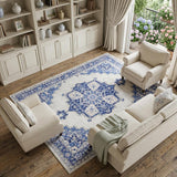 7' X 10' Ivory and Blue Floral Medallion Distressed Non Skid Area Rug