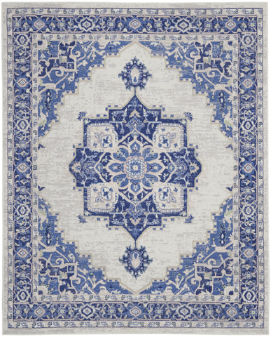 7' X 10' Ivory and Blue Floral Medallion Distressed Non Skid Area Rug
