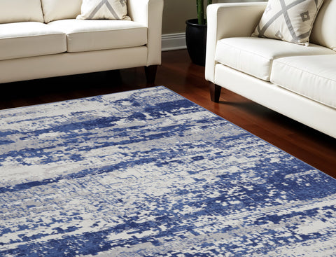 7' X 10' Ivory and Navy Blue Abstract Distressed Non Skid Area Rug