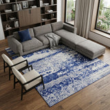 7' X 10' Ivory and Navy Blue Abstract Distressed Non Skid Area Rug