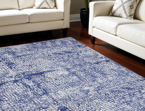 7' X 10' Ivory and Navy Blue Abstract Distressed Non Skid Area Rug