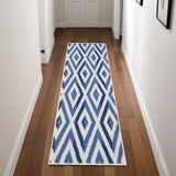 8' Ivory and Blue Geometric Distressed Non Skid Runner Rug