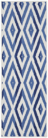 8' Ivory and Blue Geometric Distressed Non Skid Runner Rug