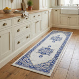 8' Ivory and Blue Floral Medallion Distressed Non Skid Runner Rug