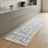8' Ivory and Blue Abstract Distressed Non Skid Runner Rug