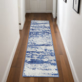 8' Ivory and Navy Blue Abstract Distressed Non Skid Runner Rug