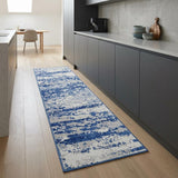 8' Ivory and Navy Blue Abstract Distressed Non Skid Runner Rug