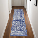 8' Ivory and Navy Blue Abstract Distressed Non Skid Runner Rug