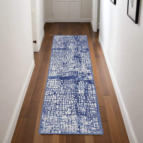 8' Ivory and Navy Blue Abstract Distressed Non Skid Runner Rug